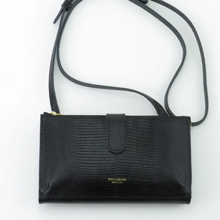 VIOLAd'ORO ヴィオラドーロ ADRIA リザード型押しレザー スマホポシェット 横型 v-1326 ブラック