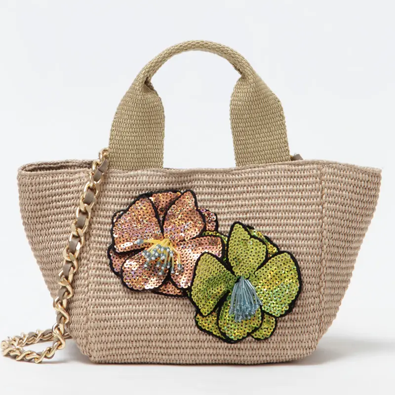 L'AURA ラウラ BIMBA フラワーモチーフ ラフィア調 2wayかごバッグ BEIGE